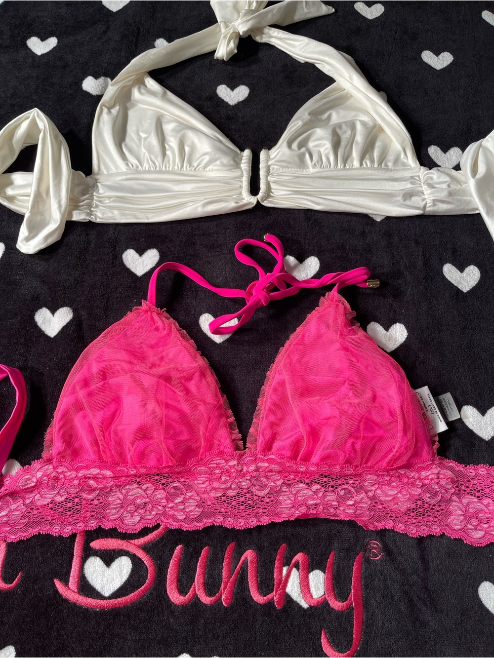 Lot of two beach bunny Hot Pink Lace Triangle Bralette and satin white tops XL